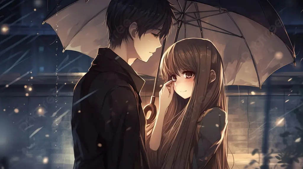 Adegan romantis dalam film anime Makoto Shinkai Pasangan anime romantis di pemandangan Jepang yang indah