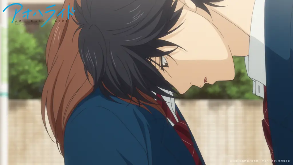 Ekspresi wajah Futaba dan Kou yang menggambarkan emosi mereka Potret dekat Futaba Yoshioka dan Kou Mabuchi dari Ao Haru Ride
