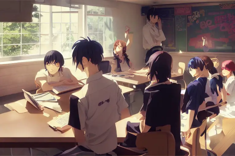 Suasana Kelas dan Interaksi Antar Siswa Adegan kelas di sekolah tinggi dalam anime