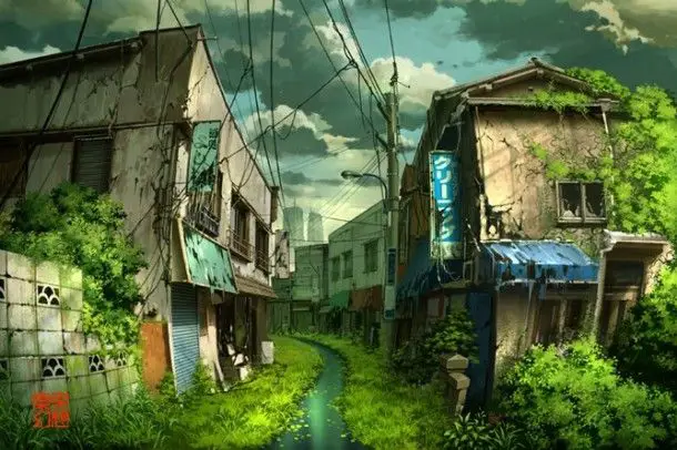 Pemandangan kota yang hancur dalam film Planetarian Gambar pemandangan pasca-apokaliptik dalam anime