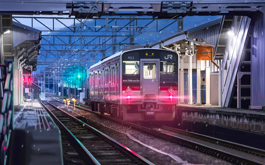 Adegan Kereta Api dalam 5 Centimeter Per Second Kereta api yang melaju cepat di tengah pemandangan alam Jepang