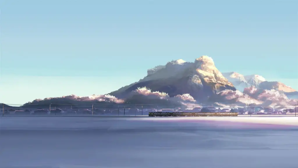 Suasana Dingin yang Mencerminkan Kesedihan dan Kerinduan Adegan salju turun dalam anime 5 Centimeter Per Second