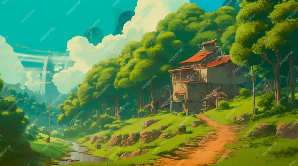 Karya Seni Studio Ghibli Gambar yang menampilkan gaya animasi Studio Ghibli