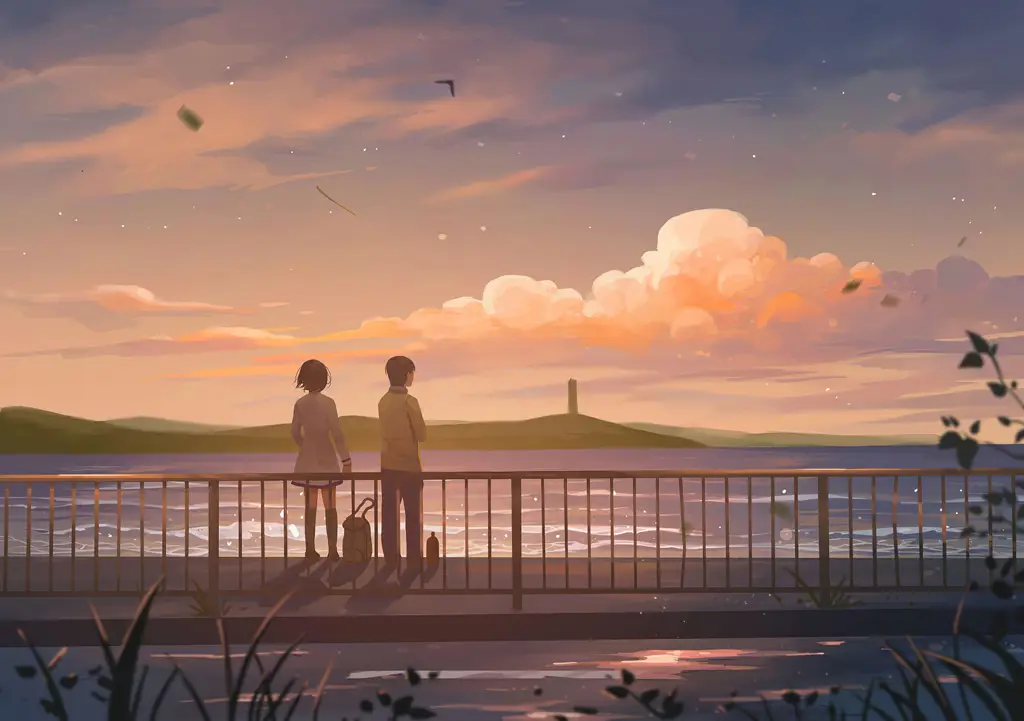 Suasana romantis dalam anime Pasangan anime romantis menyaksikan matahari terbenam