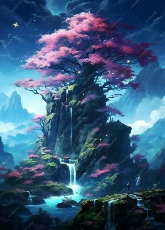 Petualangan romantis di dunia fantasi Pemandangan fantasi anime dengan pasangan