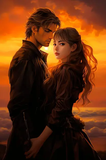 Momen romantis dalam film anime Pasangan anime romantis menonton matahari terbenam