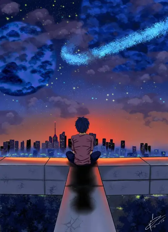 Adegan persahabatan dalam anime shounen ai Anak laki-laki anime menyaksikan matahari terbenam