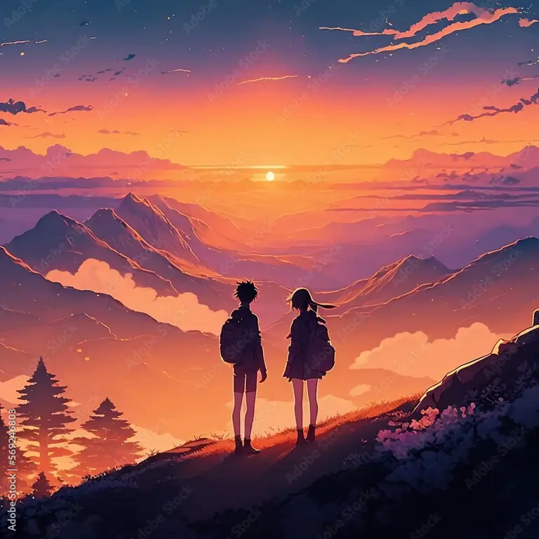Momen romantis menikmati film anime bersama Pasangan anime menonton matahari terbenam