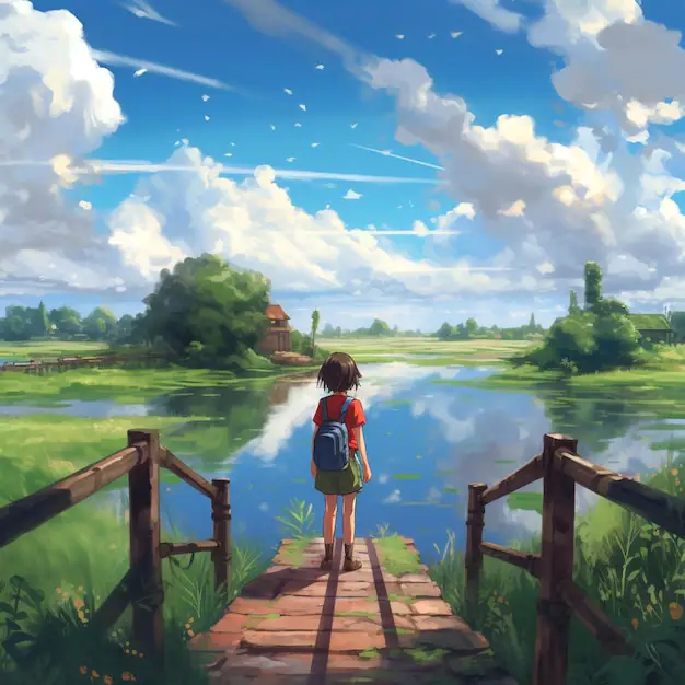 Ilustrasi gaya animasi khas Makoto Shinkai Contoh gambar dengan ciri khas gaya animasi Makoto Shinkai