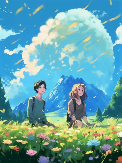 Keindahan cinta dalam anime Pasangan anime di ladang bunga