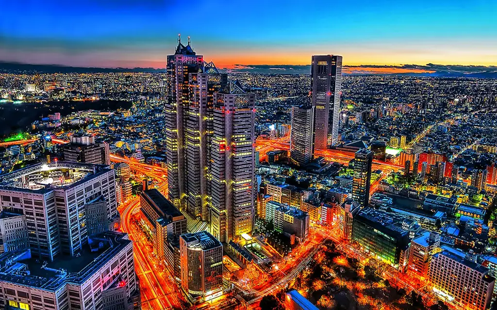 Suasana kota Tokyo yang indah Ilustrasi pemandangan kota malam hari di Jepang