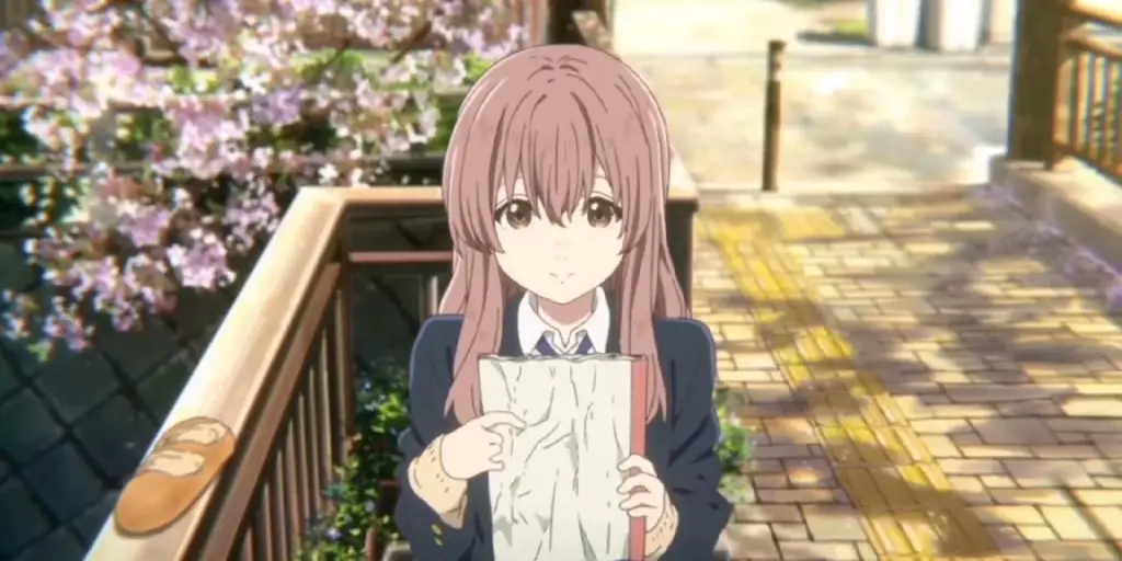 Gambar diam dari film A Silent Voice yang menyoroti ekspresi karakter.