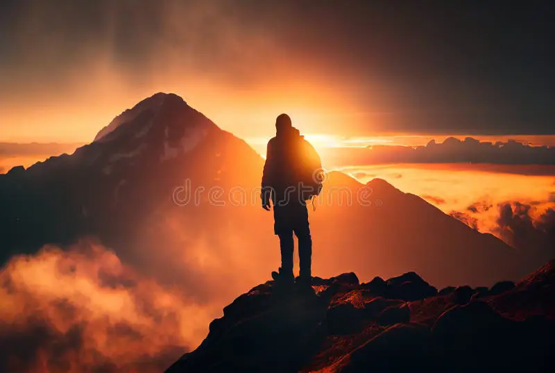 Mencapai puncak impian dan menikmati hasil kerja keras Gambar seseorang berdiri di puncak gunung memandang pemandangan