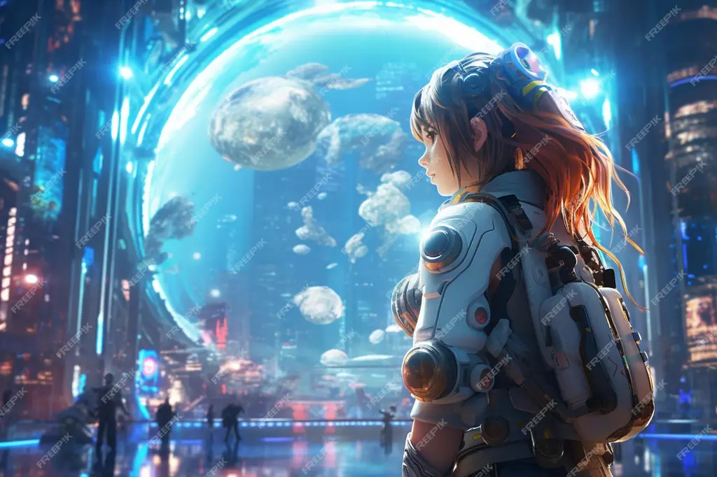Visual memukau dari sebuah film anime Karakter anime di kota futuristik