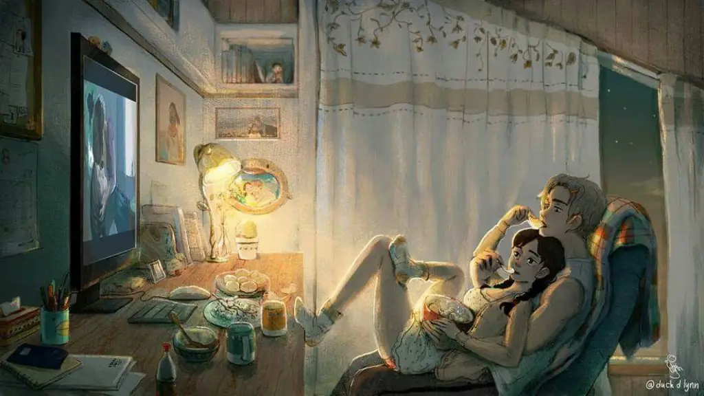 Momen romantis menonton anime bersama pasangan Pasangan sedang menonton film anime romantis