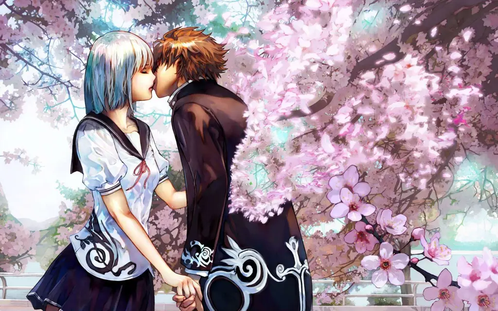 Ilustrasi pasangan anime dalam film romance Pasangan anime yang sedang jatuh cinta
