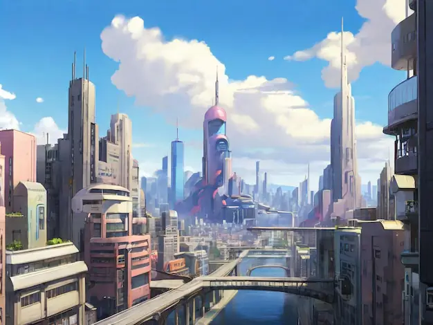 Ilustrasi kota futuristik dalam film Harmony Ilustrasi kota futuristik bergaya anime Jepang