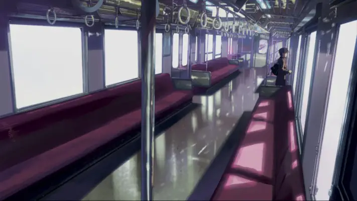 Simbol Perjalanan Waktu dan Jarak Adegan kereta api yang ikonik dalam 5 Centimeter per Second
