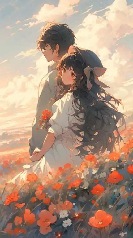 Ilustrasi pasangan anime menikmati waktu bersama sambil menonton film Pasangan anime bahagia menonton film bersama