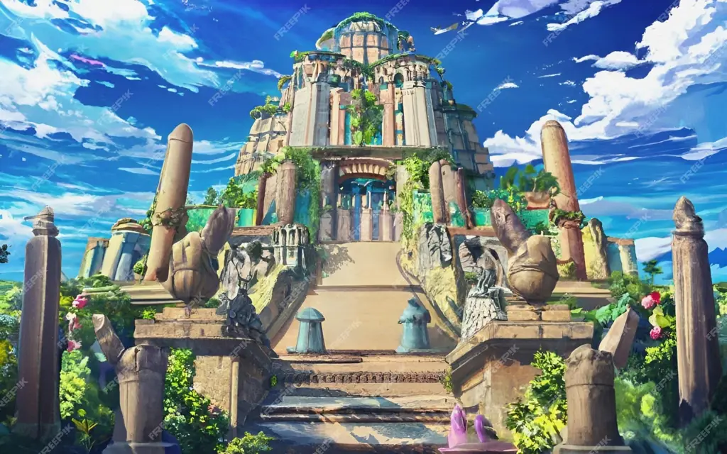Dunia Fantasi yang Dihidupkan oleh Sihir Konsep seni dunia fantasi dalam anime, dengan berbagai elemen magis dan makhluk-makhluk fantastis.