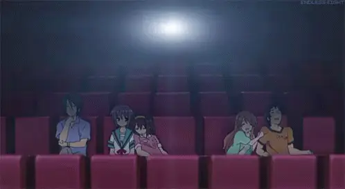 Menikmati Film Anime Bersama Teman Karakter anime menonton film bersama