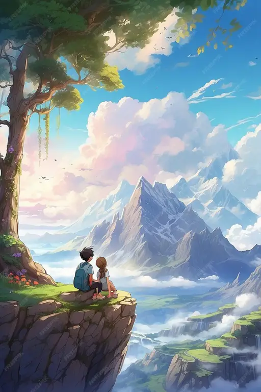 Momen romantis dalam film anime Pasangan anime menonton matahari terbenam