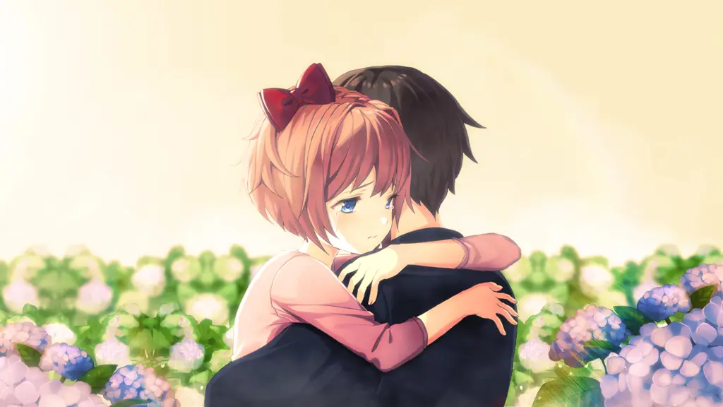Adegan emosional dalam film anime romance Karakter anime saling berpelukan