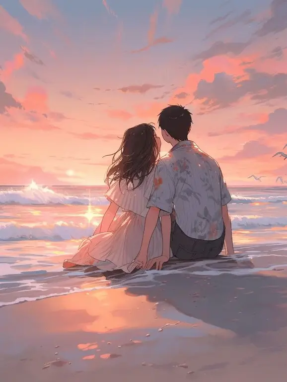Momen romantis dalam film anime Pasangan anime romantis menyaksikan matahari terbenam