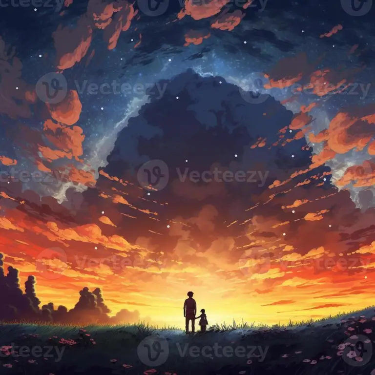 Keindahan matahari terbenam semakin indah bersama pasangan anime Pasangan anime sedang menyaksikan matahari terbenam