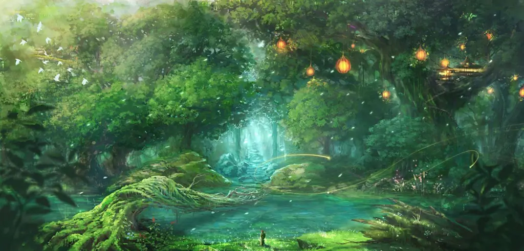 Pemandangan Hutan yang Menakjubkan Gambar pemandangan hutan anime