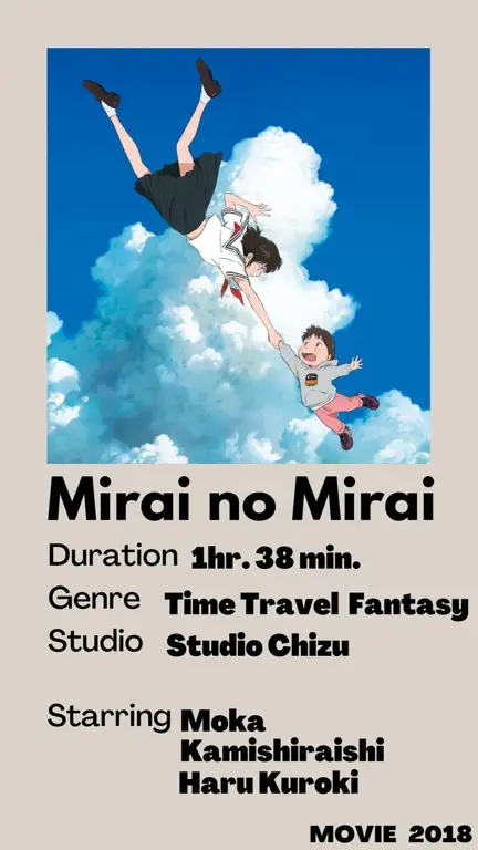 Poster film Mirai yang menampilkan karakter Kun dan Mirai Poster film Mirai