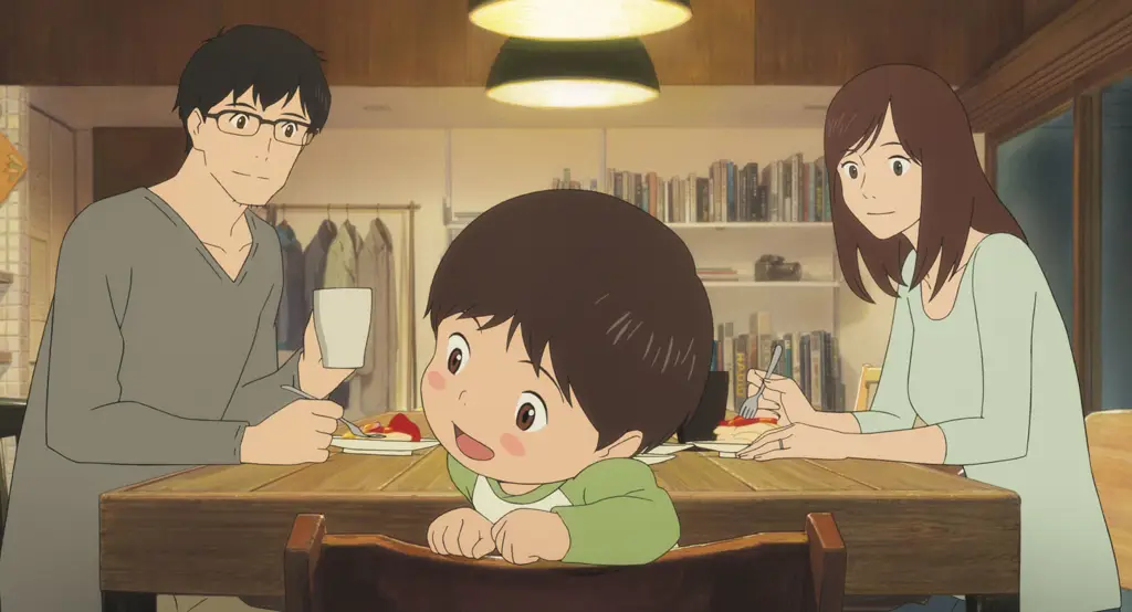 Poster film Mirai Poster film Mirai yang menampilkan karakter utama Kun dan Mirai.