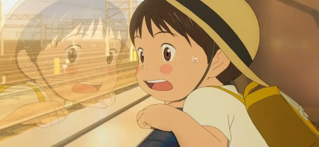 Ilustrasi keluarga yang menonton film anime Mirai bersama-sama Keluarga menonton film anime Mirai